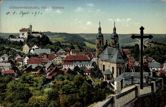 Postcard Gössweinstein Gößweinstein in Upper Franconia, town view with the church, castles, landscape, 19