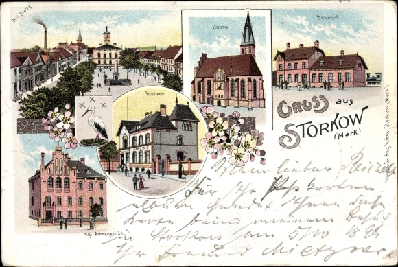 Chromo-Litho Storkow in the Mark, church, train station, post office, district court