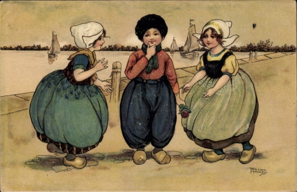 Kunstenaarskaart Hardy, Florence, drie kinderen in traditionele klederdracht
