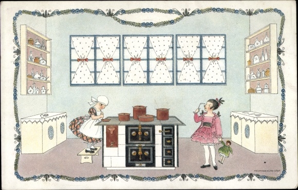 Artist Postcard Köhler, Mela, kitchen, cook, girl with doll