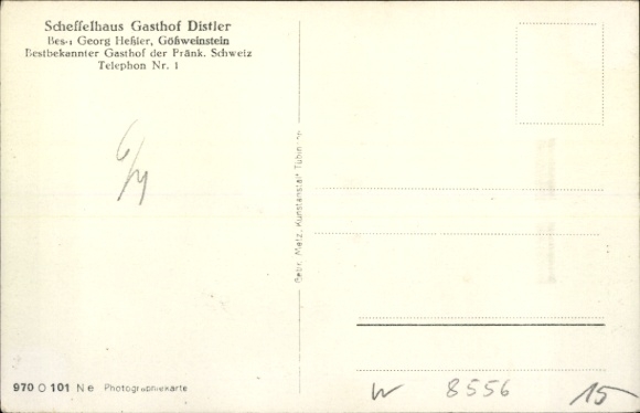 Ak Gößweinstein in Oberfranken, Scheffelhaus Gasthof Distler, Gastraum, Porträt