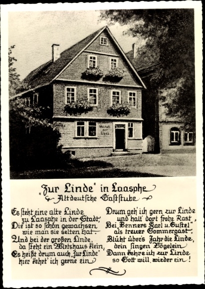 Postcard Bad Laasphe North Rhine Westphalia, Linde, owner Karl Benner, Old German restaurant, poem