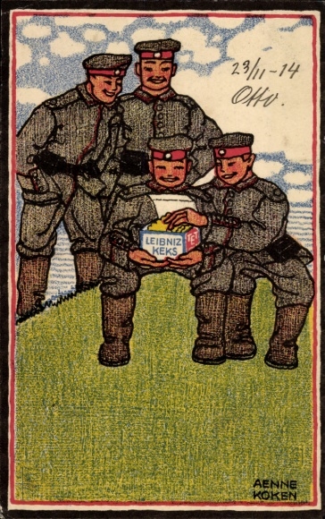 Kunstenaarskaart Koken, Aenne, reclame, Leibniz-koekje, soldaten