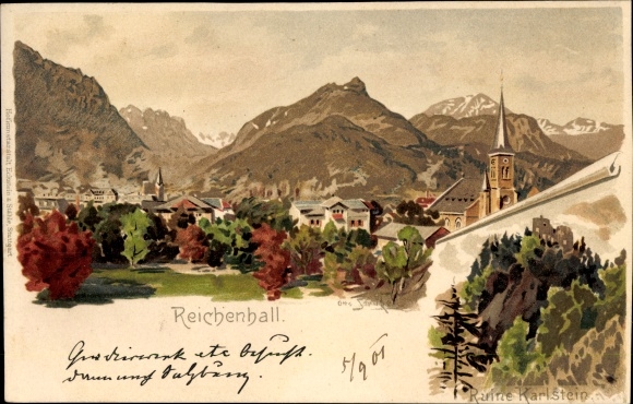 Artist Chromo-Litho Strützel, Otto, Bad Reichenhall in Upper Bavaria, total view of the site, Karlstein ruins