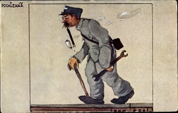 Artist PC Schrabal, E., Zeleznicari, Pochuzkar, smoking railway official with wrench