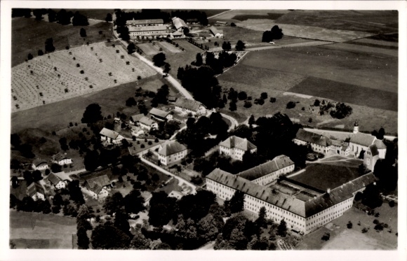 Postcard Wessobrunn in Upper Bavaria, monastery and parish church with Roman tower, aerial photograph