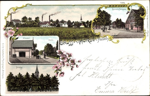 litho Horst in Holstein, Bahnhofstrasse, hemel, hel, kerk, overzicht