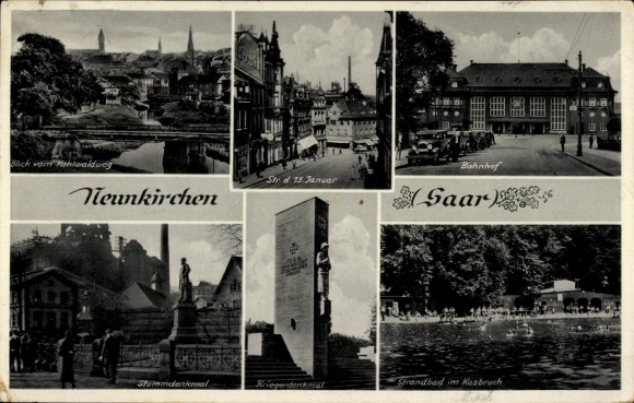 Ak Neunkirchen im Saarland, Stummdenkmal, Straße des 13. Januar, Bahnhof, Kriegerdenkmal, Strandbad