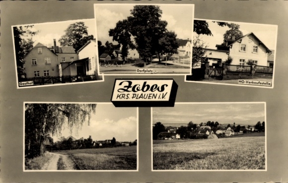 Ansichtkaart Zobes Neuensalz in Vogtland, gedeeltelijk uitzicht, herberg, HO-winkel, dorpsplein