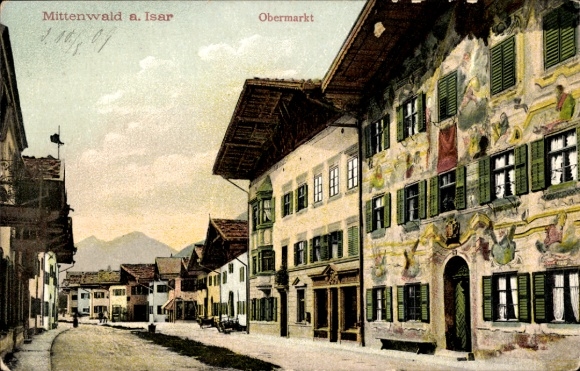 Postcard Mittenwald in the district of Garmisch Partenkirchen, area at the Obermarkt, painted house