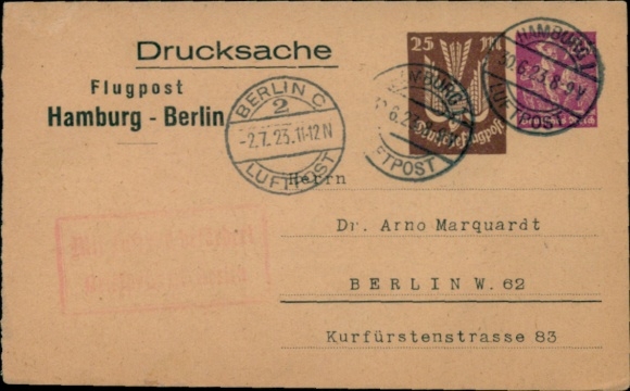 Artykuły pocztowe poczta lotnicza niemiecka, poczta lotnicza Hamburg Berlin, znaczek poczta lotnicza Hamburg, poczta lotnicza Berlin
