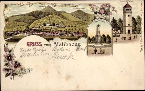 Chromo-Litho Zwingenberg on the mountain road, Melibocus tower, war memorial, long shot