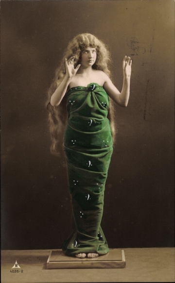 Postcard Woman in a green dress, humanized plastic