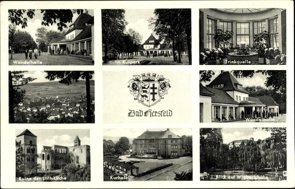 Postcard Bad Hersfeld Hesse, spa hotel, drinking spring, ruins of the collegiate church, foyer