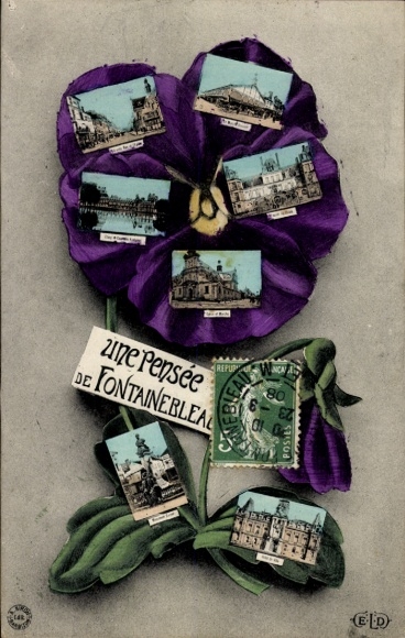 Ak Fontainebleau Seine et Marne, Violette Blume, 8 kleine Ansichten von Fontainebleau