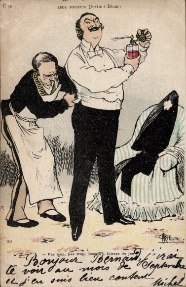 Artist Postcard Guillaume, Albert, Servant helps man to dress, perfume