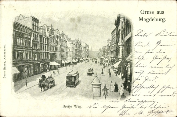 Postcard Magdeburg on the Elbe, Breite Weg, tram