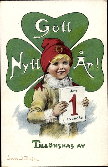 Artist PC Nyström, Jenny, Gott Nytt Ar, New Year, Child with Calendar, Cloverleaf