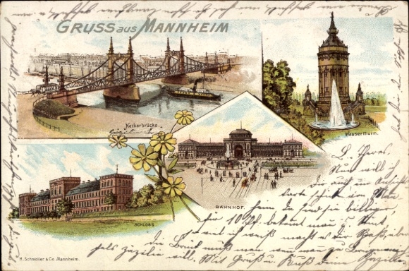 Chromo-Litho Mannheim in Baden, water tower, Neckar bridge, castle, train station