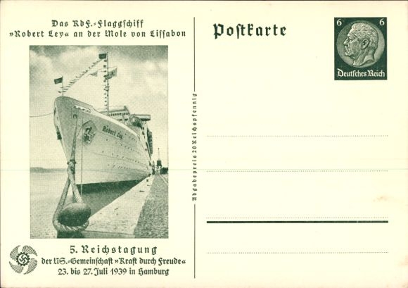 Postwaardestukken Ak KDF Flagship Robert Ley, 5e KdF Reichstag Hamburg 1939