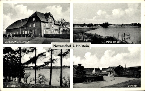 Ak Neversdorf in Holstein, Gasthof Waidmannsruh, meer, straat in het dorp