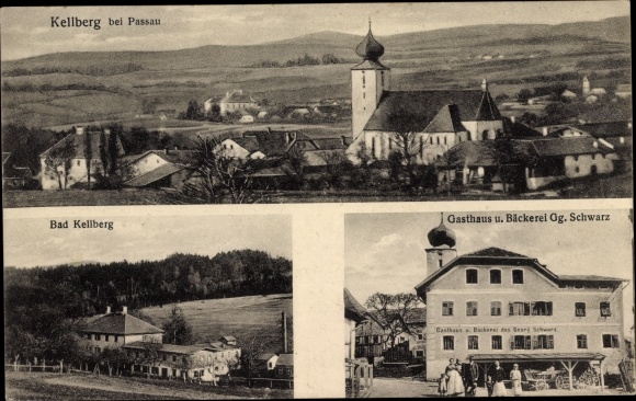 Postcard Kellberg Thyrnau in Lower Bavaria, general view, inn and bakery Georg Schwarz