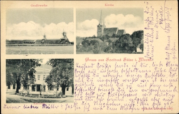Postcard Bad Sülze in Mecklenburg, graduation towers, church, spa hotel
