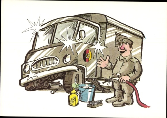 Artist Postcard Muzeniek, Peter, NVA, National People's Army, soldier washes truck with flat tire
