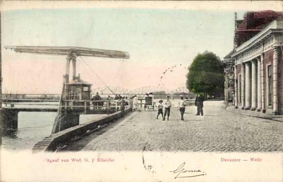 KP Deventer Overijssel Holandia, fala, ludzie, most, budynek, woda