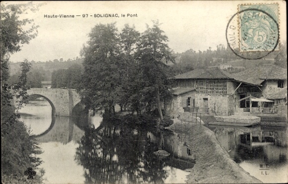 KP Solignac Haute Vienne, most, rzeka, budynek, krajobraz, stary
