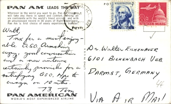 QSL radio operator card K9IEK, Tom Blanchfield, Evergreen Park Illinois, Pan American Clipper aircraft