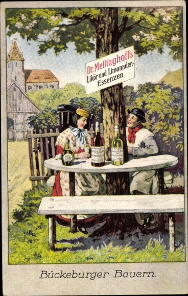 PC Bückeburg farmers in traditional costume, advertising Dr. Mellinghoff's liqueur and lemonade essences
