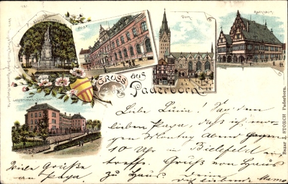 Litho Paderborn in Westfalen, Kriegerdenkmal, Post, Dom, Rathaus, Lehrerinnen Seminar