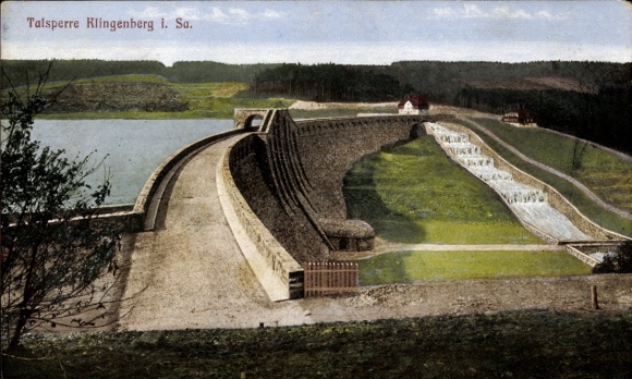 Postcard Klingenberg in the Ore Mountains of Saxony, Klingenberg Dam in Saxony, large wall, waterfalls, land