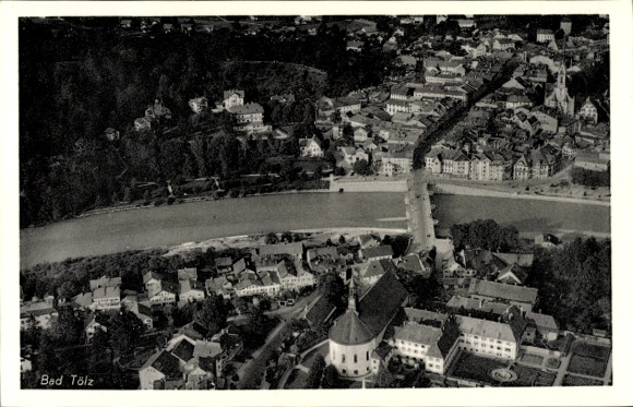 Postcard Bad Tölz in Upper Bavaria, aerial view of river, buildings, streets, nature