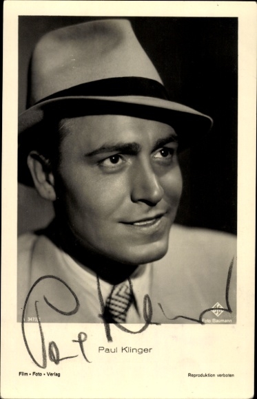 Postcard actor Paul Klinger, portrait, autograph, UFA Film A 3473 1, hat, tie