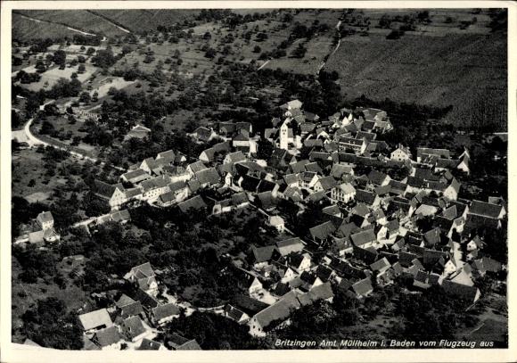 Postcard Britzingen Müllheim in Baden Black Forest, aerial view of a village with many houses, surrounded by