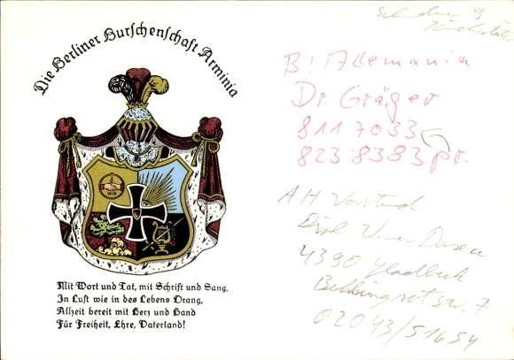 Studentika Ak Berlin, Burschenschaft Arminia, Holbeinstraße 22, Wappen