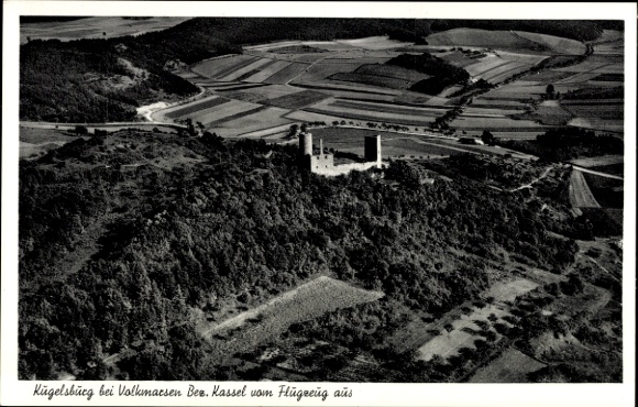 Postcard Volkmarsen in Hesse, aerial photograph of the Kugelsbürg, view from the airplane with landscape