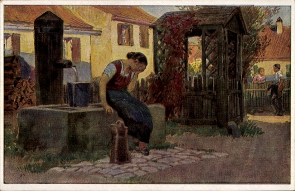 Lied Künstler Ak Hey, Paul, Volksliedkarte Nr 34, Jetzt geh i ans Brünnele, Frau verzweifelt