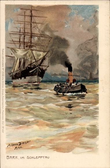 Künstler Litho Diemer, Zeno, Bark von Schlepper elbaufwärts gebracht