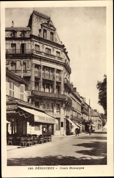 Postcard Périgueux Dordogne, Cours Montaigne, Tavern, Credit Commercial de France