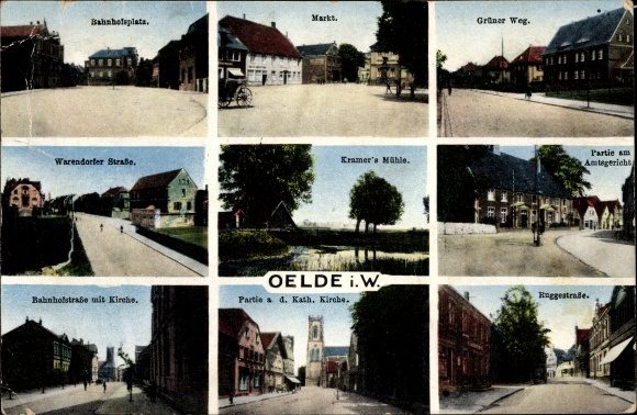 Ak Oelde im Münsterland, Bahnhofstrasse, Warendorfer Strasse, rechtbank, Markt, Grüner Weg