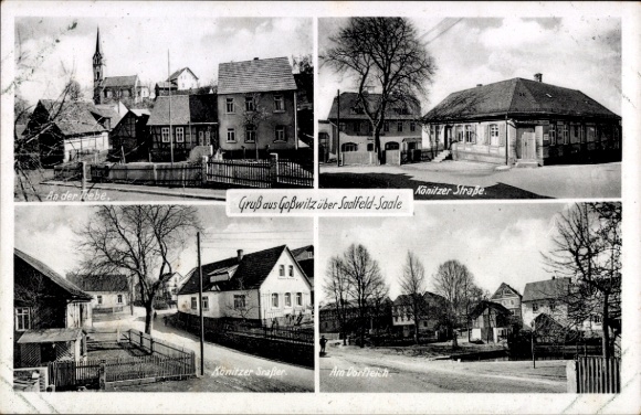 Postcard Goßwitz Unterwellenborn in Thuringia, Könitzer Straße, village pond, church