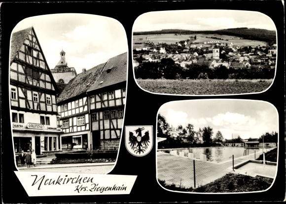 Ak Neukirchen am Knüll Hesse, overzicht, buitenzwembad, vakwerkhuizen