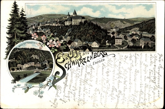 Chromo-Litho Schwarzenberg in the Ore Mountains of Saxony, castle, church, Bad Ottenstein