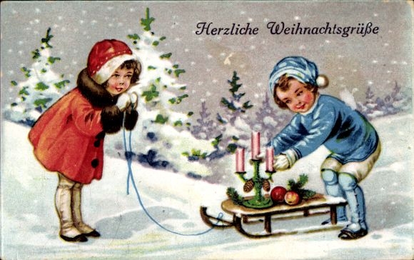 Postcard Congratulations Christmas, children, sleigh, candles, fruit