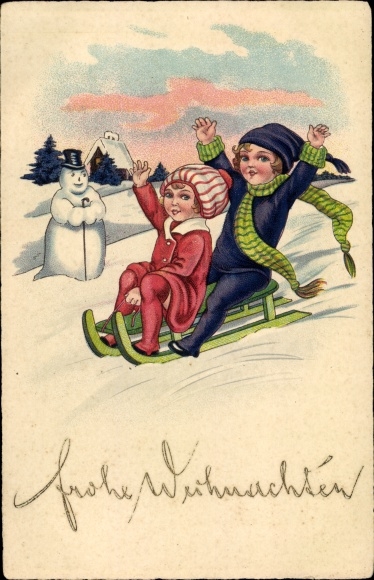 Ak Glückwunsch Weihnachten, Schlittenfahrt, Kinder, Schneemann