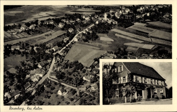 Postcard Rosenberg in Baden, aerial photograph, Gasthof Pension zum Frieden