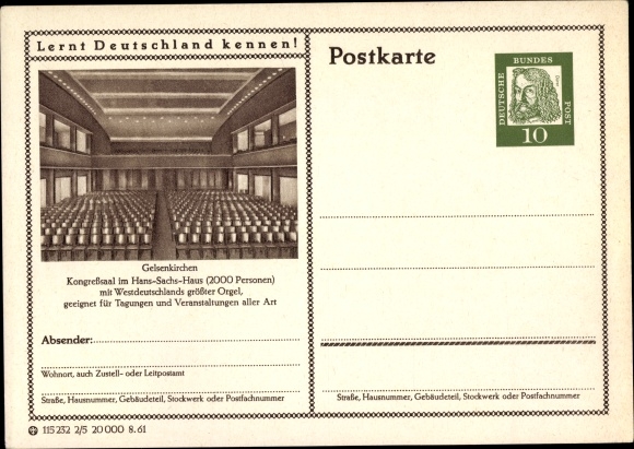 Postwaardestuk ansichtkaart Gelsenkirchen in het Ruhrgebied, Hans Sachs huis, binnenaanzicht, congreszaal